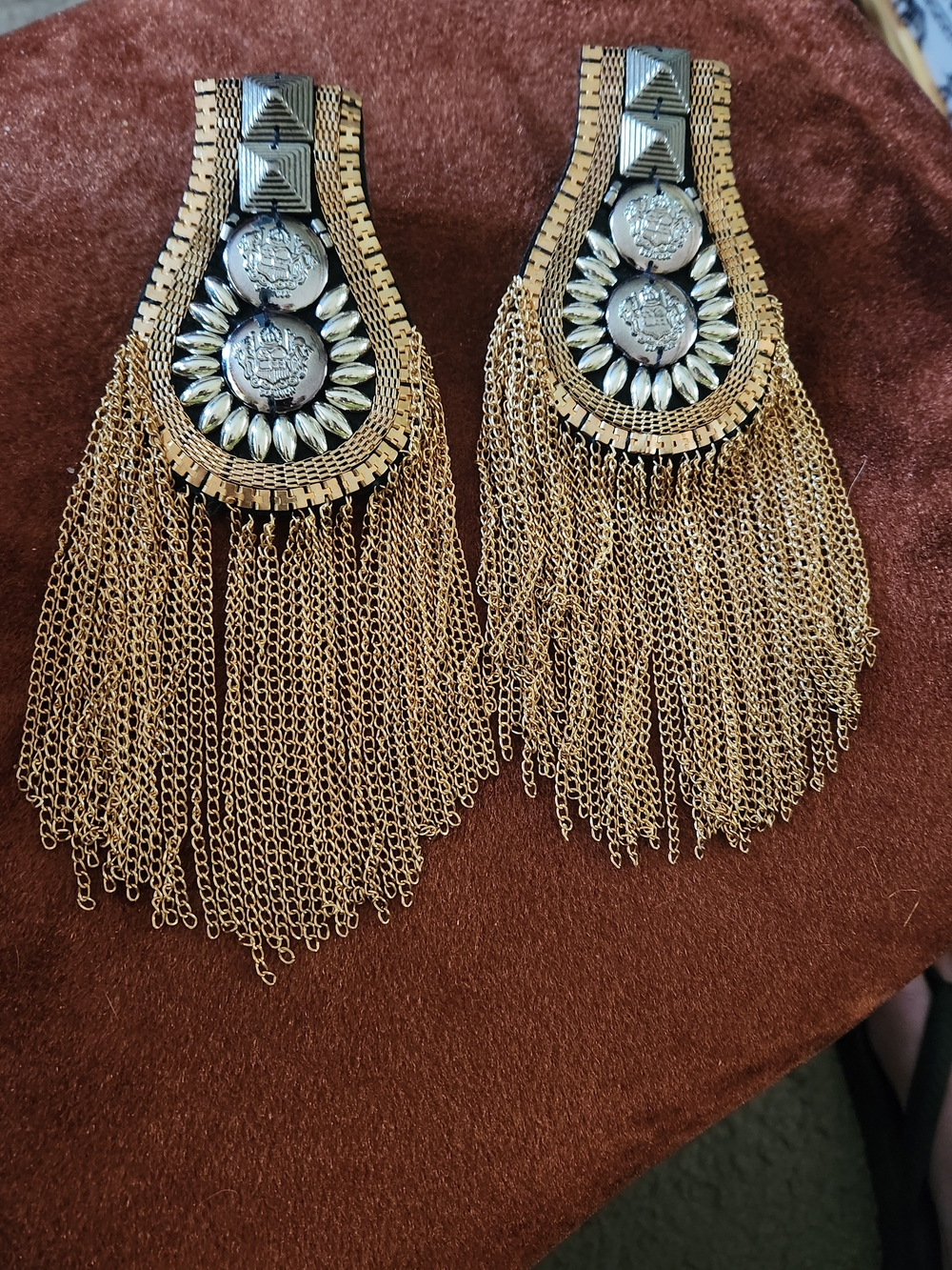 Handmade Epaulettes Gold Black With Buttons And Beads And Gold Chains.